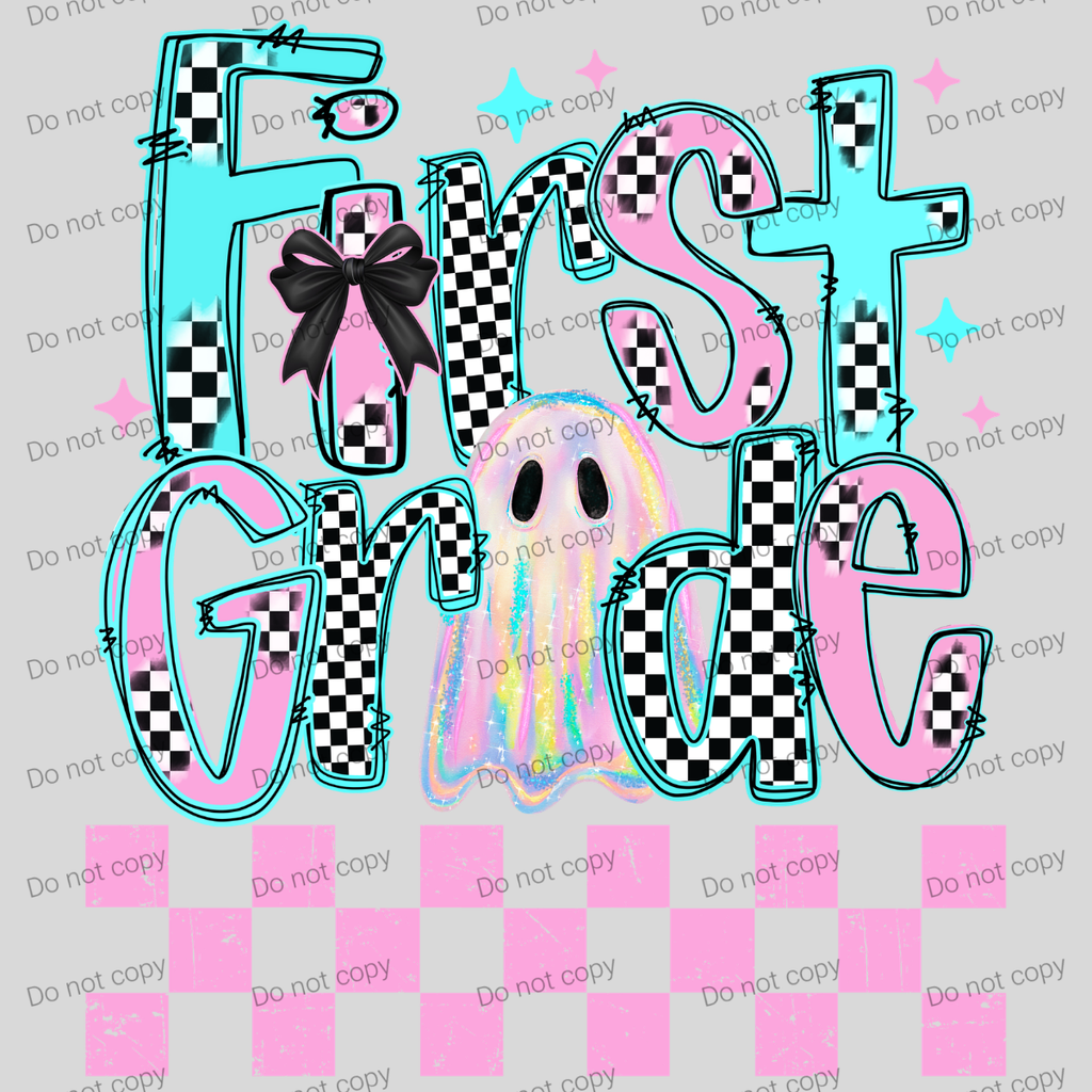 Checkered pink and teal ghost school grade design MM072026