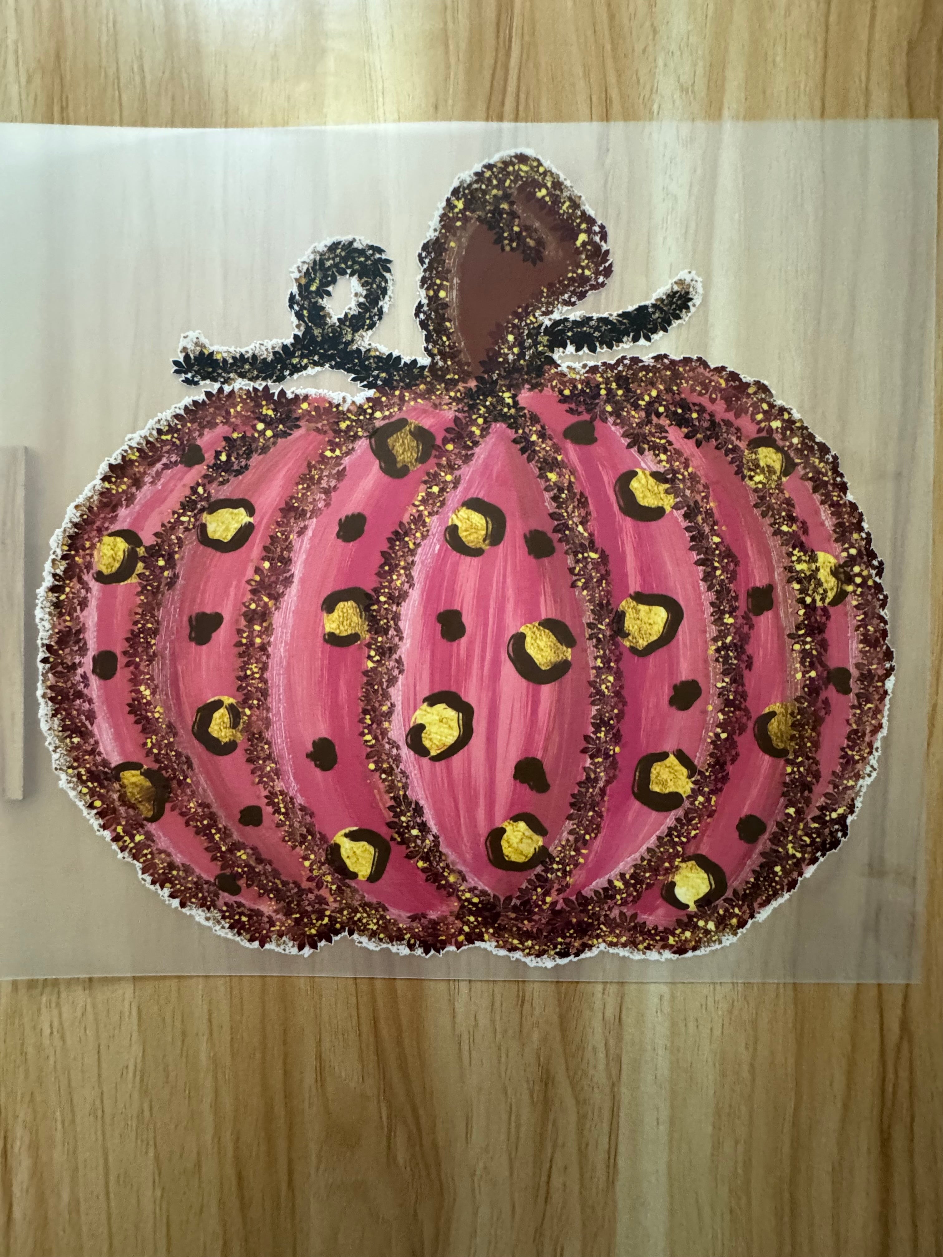 PINK CHEETAH GLITTER, PUMPKIN B2 (this is a full color screen print transfer not a DTF)