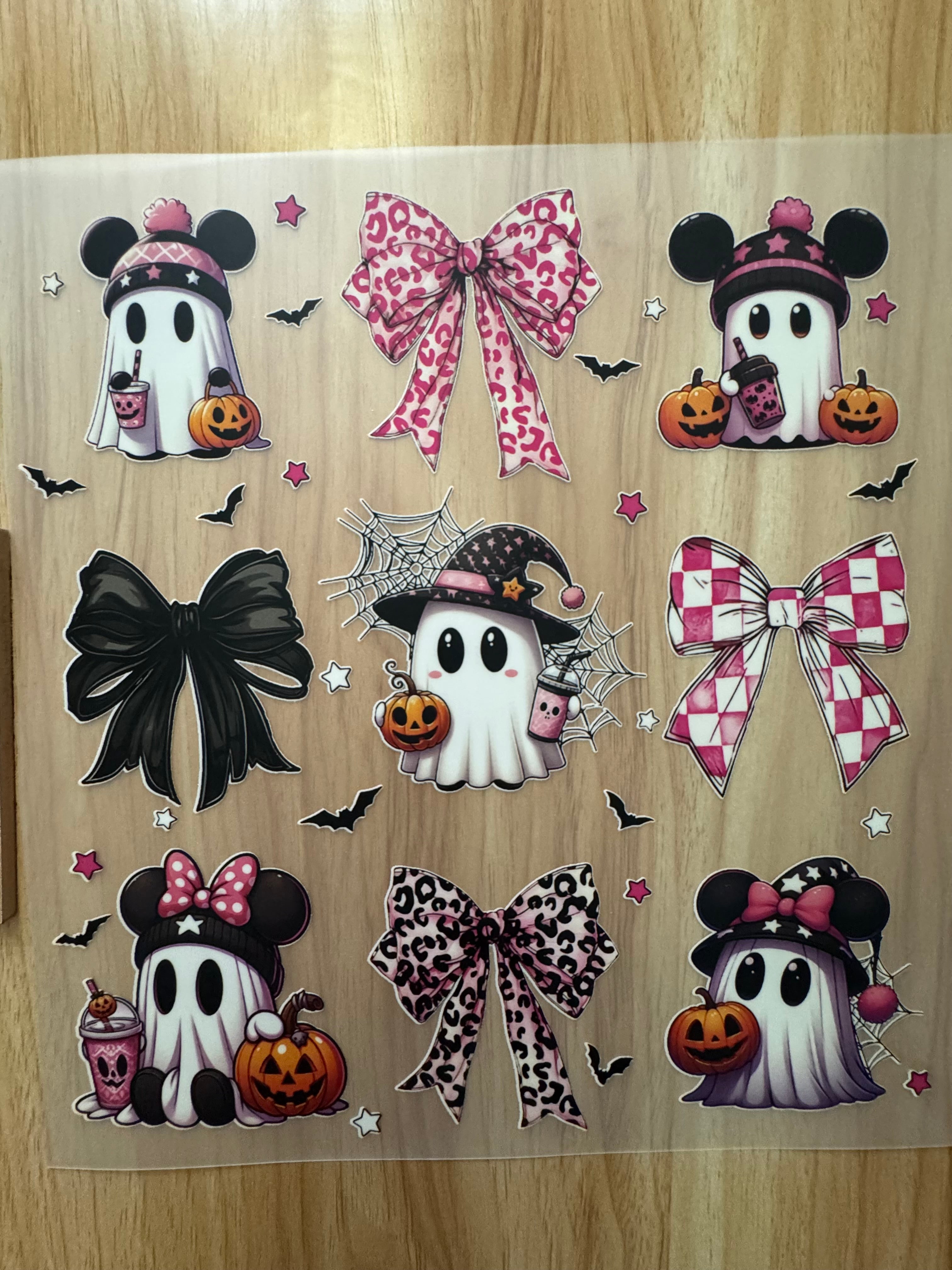 ROUND EAR, BOW AND GHOST COLLAGE B2 (This is a full color screen print transfer not a DTF.)
