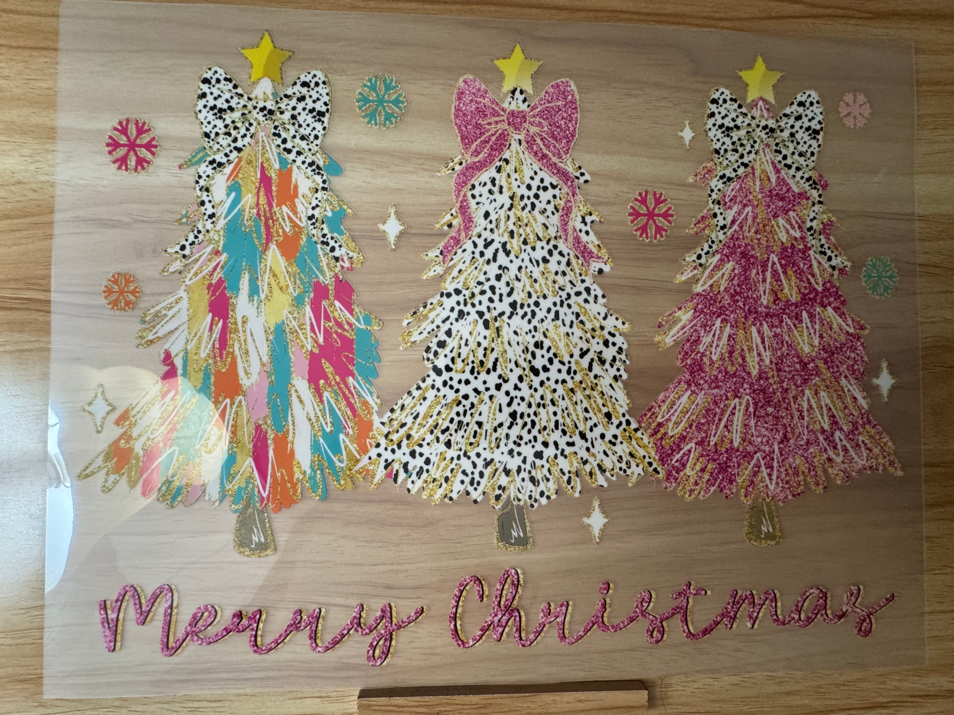 MERRY CHRISTMAS BRUSHSTROKE GOLD TREES - B4 - (this is a full color screen print transfer not a DTF.)