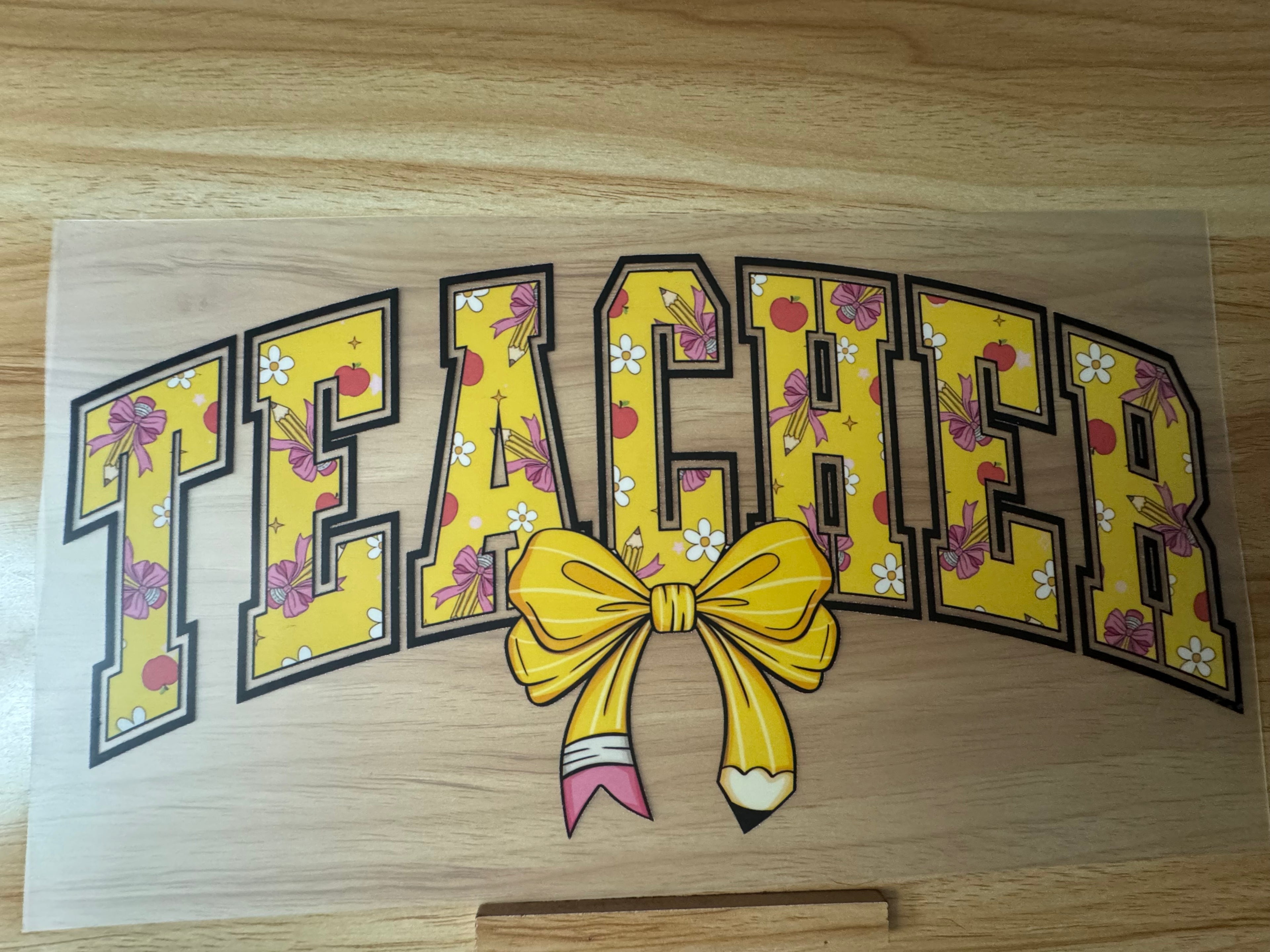 TEACHER PENCIL BOW - B4 - (this is a full color screen print transfer not a DTF.)
