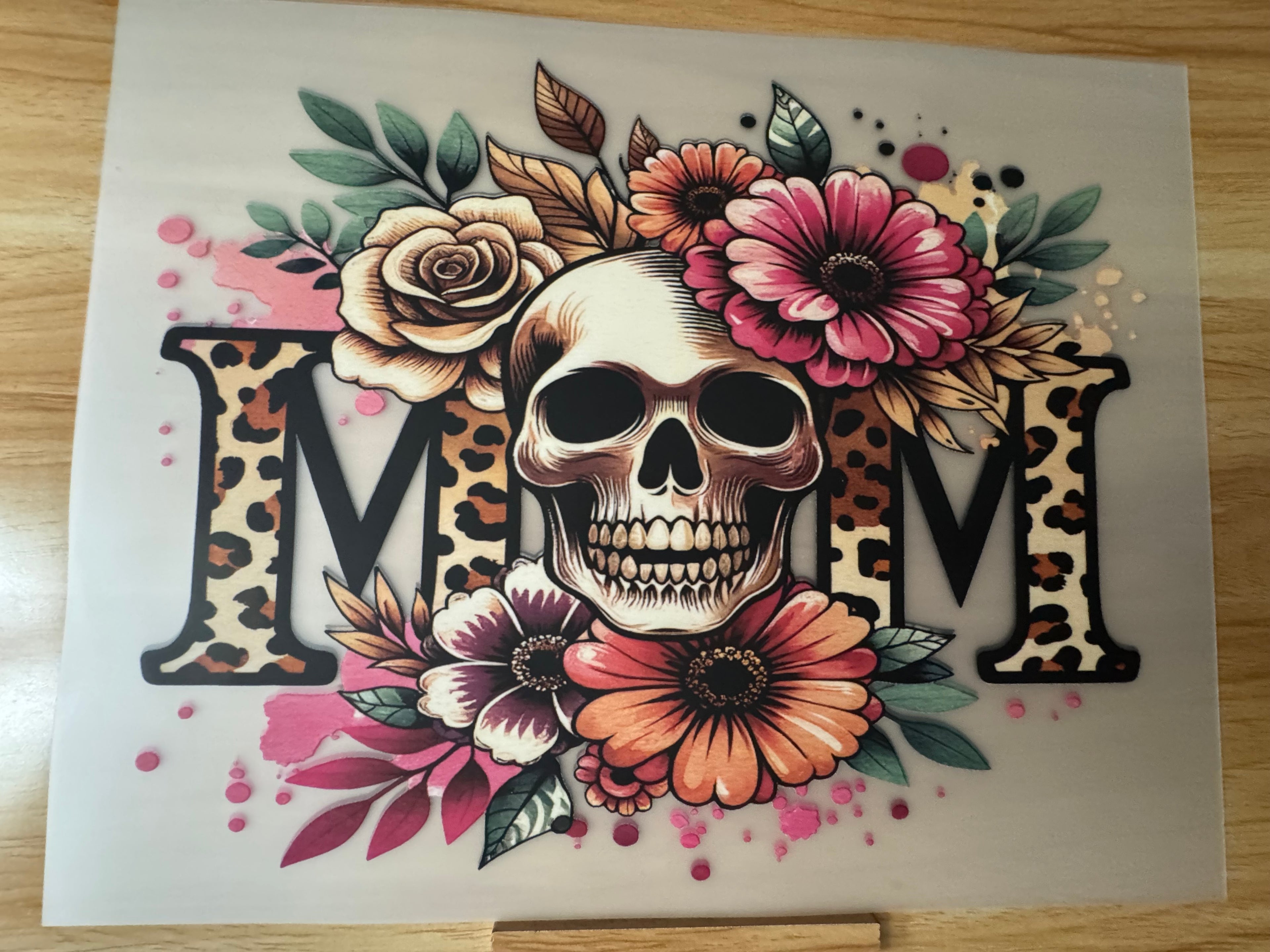MOM SKULL W/ FLOWERS -B3 (this is a full color screen print transfer not a DTF.)