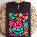 Neon iridescent stacked pumpkins with bow and ghosts, MM072726