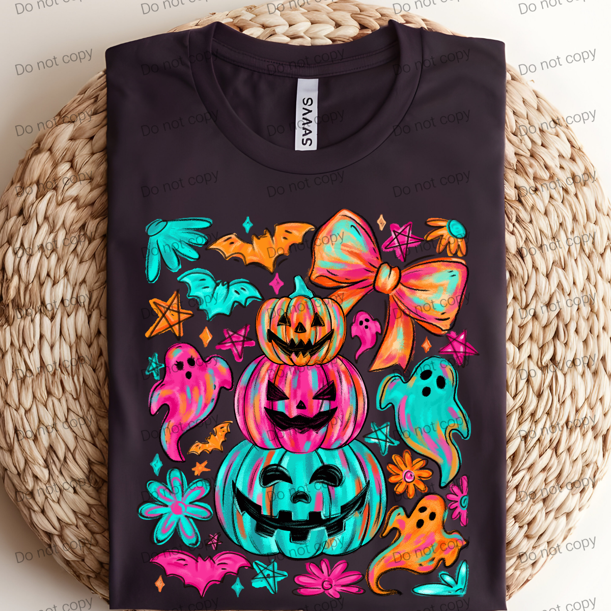 Neon iridescent stacked pumpkins with bow and ghosts, MM072726